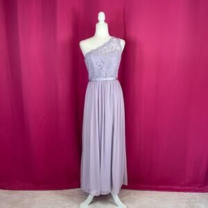 David's Bridal lace and chiffon one shoulder maxi dress F17063 Iris, size 8